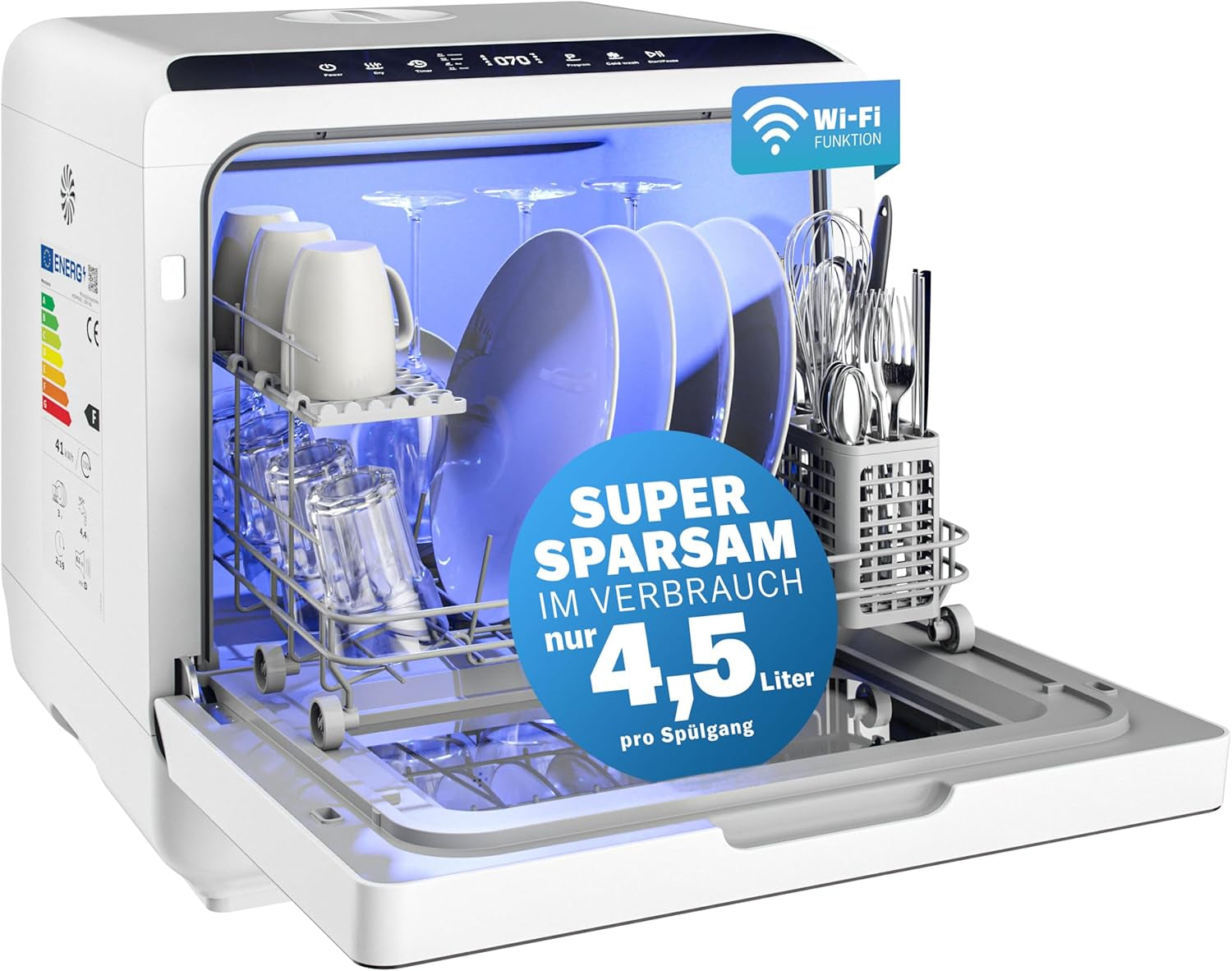 MONZANA® Mini Lave-Vaisselle Noir-Blanc Réservoir D'Eau 4,5L Lave Vaisselle De Table 3 Couverts App WIFI Étudiants Couples