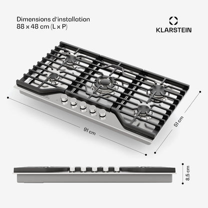 Klarstein Turbocast Plaque De Cuisson Gaz - 5 Brûleurs, Inox 304, 3.4Kw Wok, Allumage Auto & Sécurité, Kit Conversion GPL, Plaque Au Gaz Professionnelle