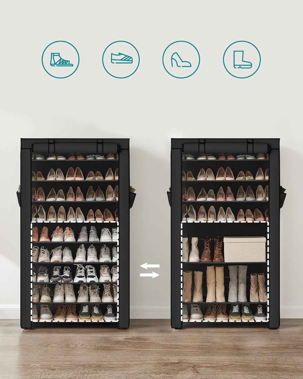 Étagère À Chaussures En Tissu À 10 Niveaux, Meuble De Rangement 28 X 88 X 160 Cm, Avec Housse De Protection, Chaussures De Sport, Talons Hauts, Pantoufles, Cadre En Métal, Noir RXJ36H