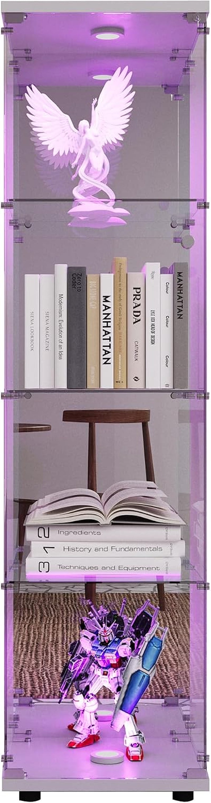 Vitrine En Verre, Meuble De Rangement Autonome Avec Éclairage LED Et Effet Miroir, Vitrine En Verre À 4 Couches, Convient Pour Bureau, Salon, Cuisine, 164 X 42,5 X 36,5 Cm (Blanc)