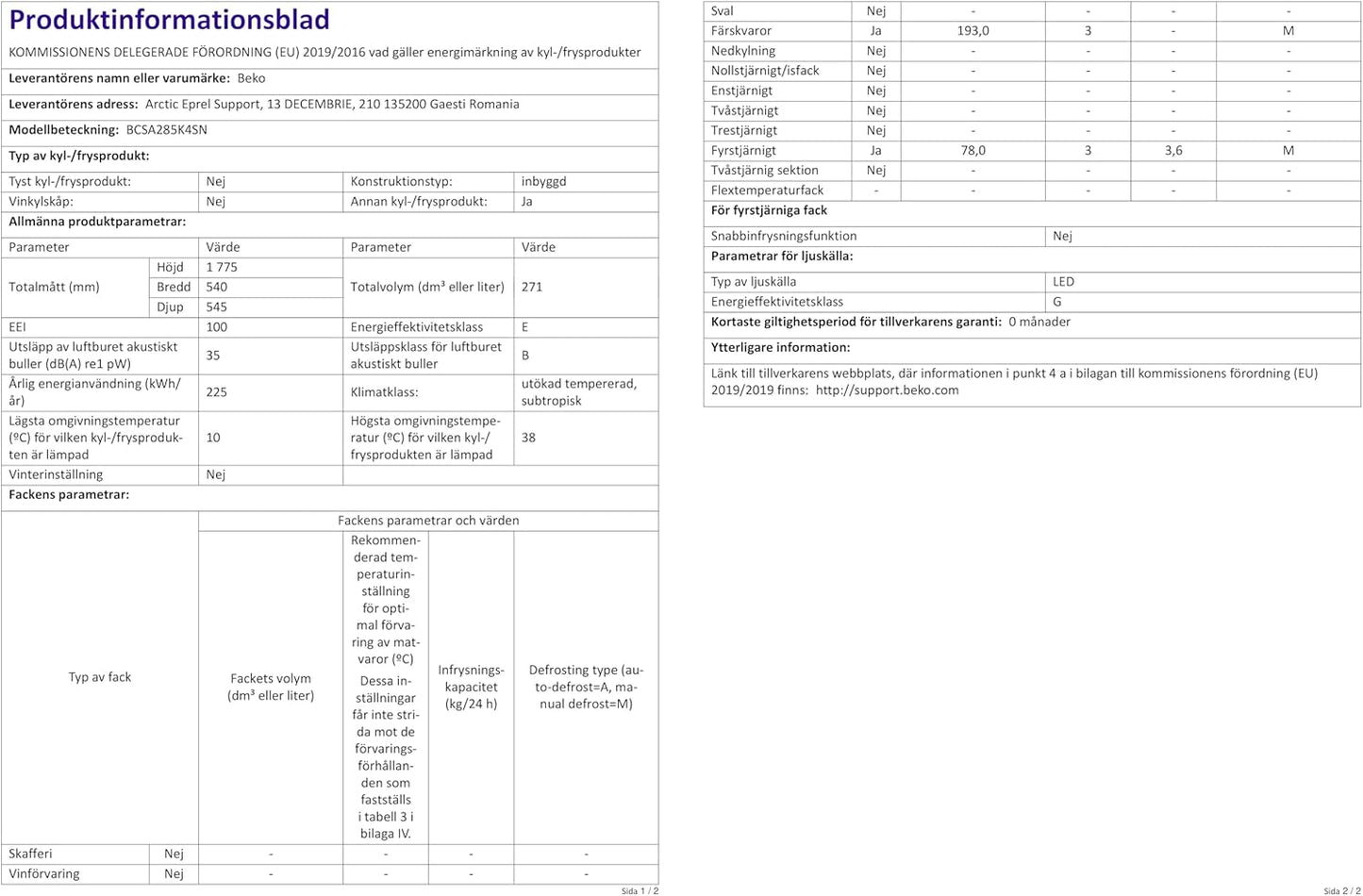 Beko BCSA285K4SN Réfrigérateur Combiné - Encastrable, Volume Total 271L : 193L (Réfrigération) + 78L (Congélation), Minfrost, Compresseur Prosmart Inverter, Zone 0°C, 35 Db, Classe E
