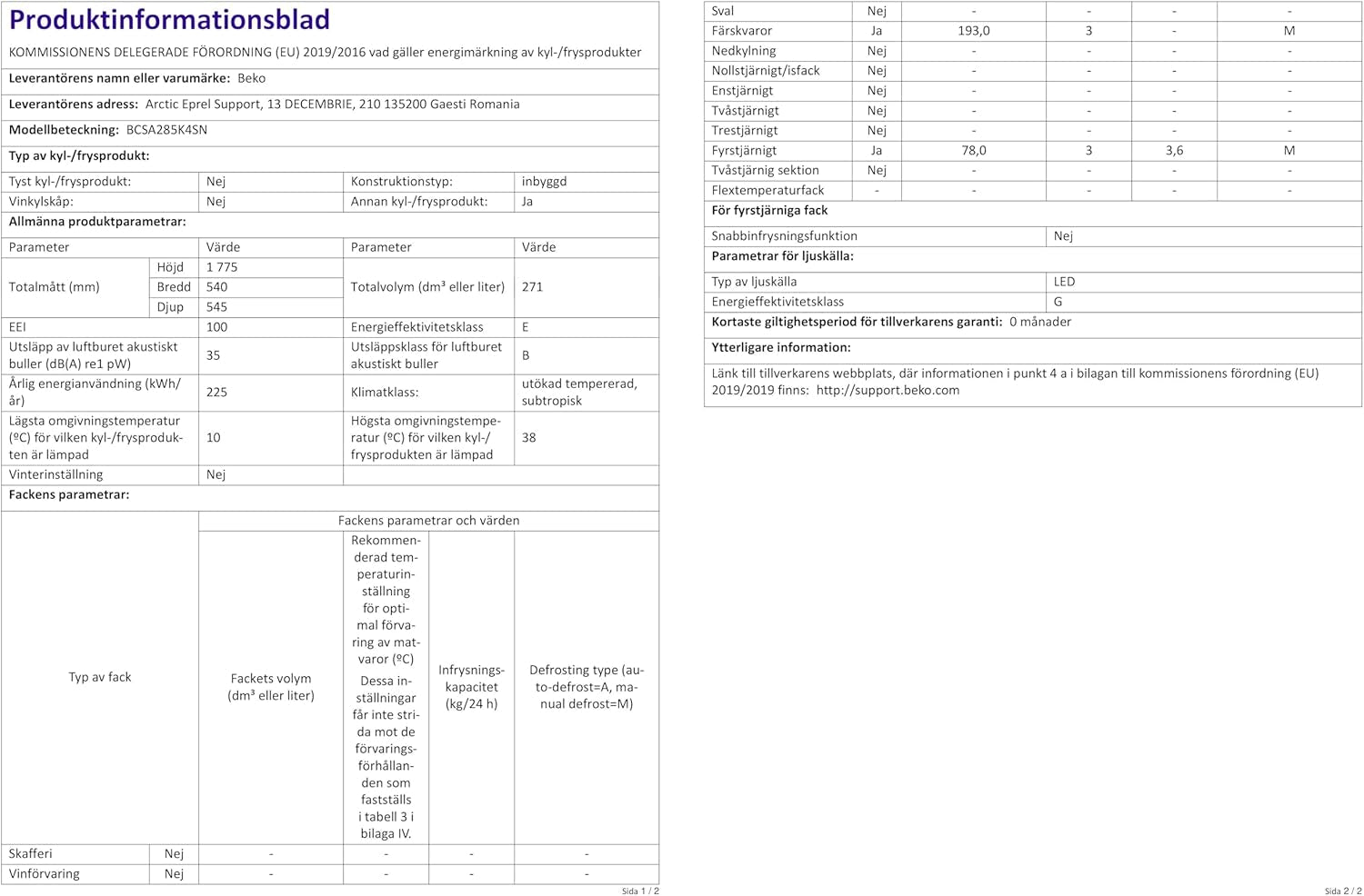 Beko BCSA285K4SN Réfrigérateur Combiné - Encastrable, Volume Total 271L : 193L (Réfrigération) + 78L (Congélation), Minfrost, Compresseur Prosmart Inverter, Zone 0°C, 35 Db, Classe E