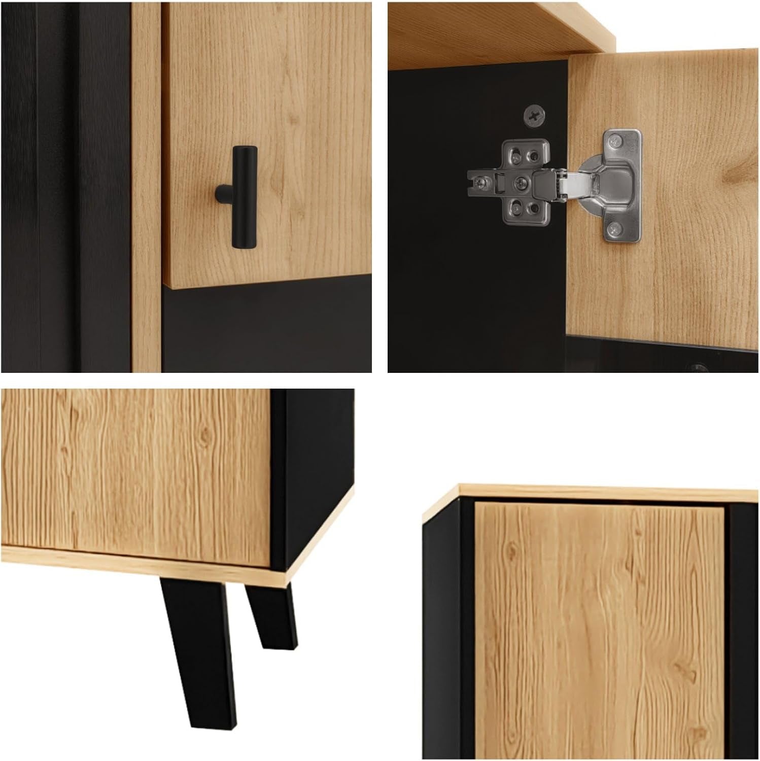 Buffet Noir Et Bois Avec 4 Grandes Étagères, Vitrine Avec Verre Et Lumières LED, Armoire Multifonction Pour Salon, Chambre, Couloir Et Salle À Manger (A)