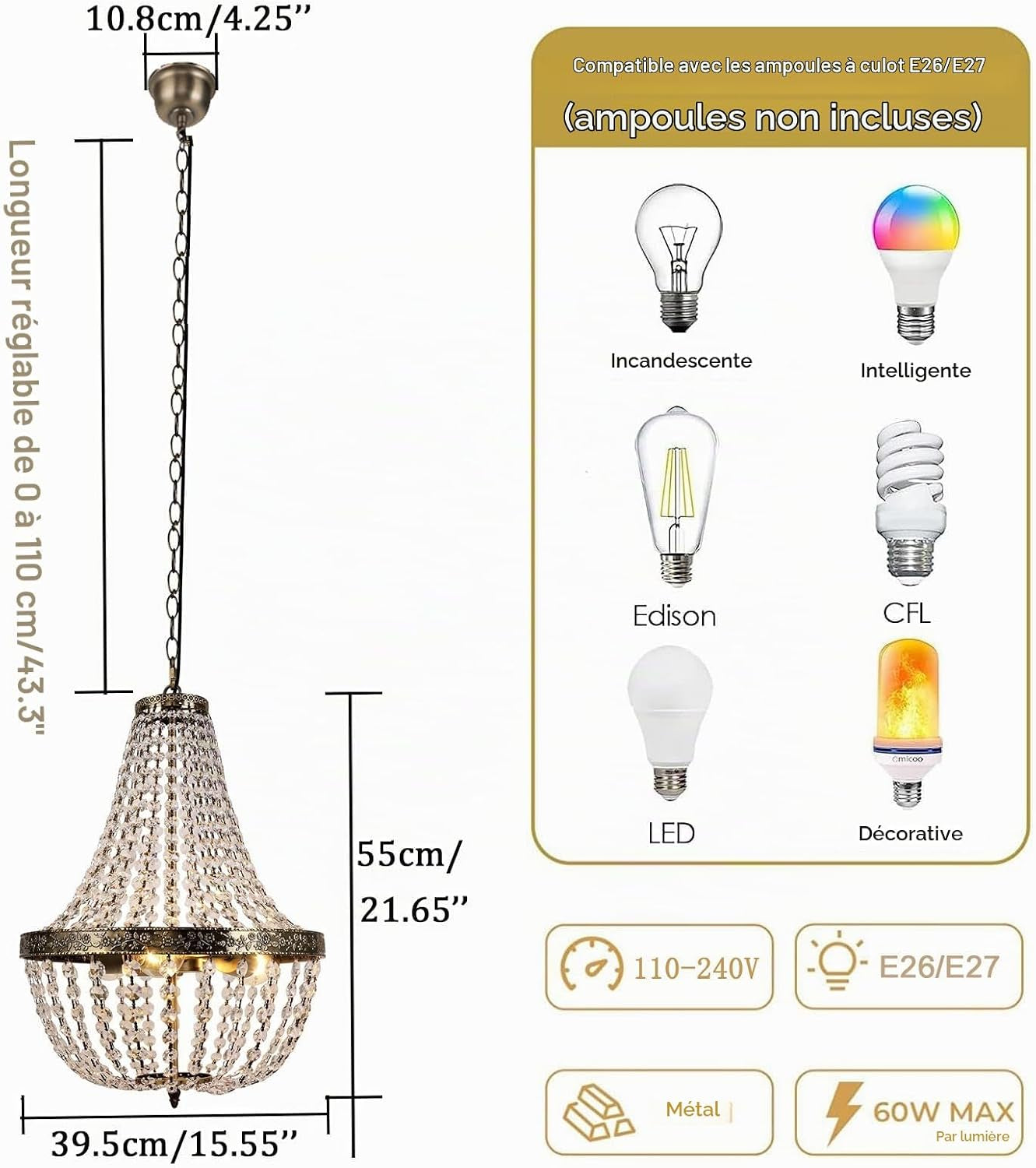 Lustre Cristal 3 Lumières, Lustre Vintage Avec Chaîne Réglable, E27, Pour Salle À Manger, Salon, Chambre À Coucher