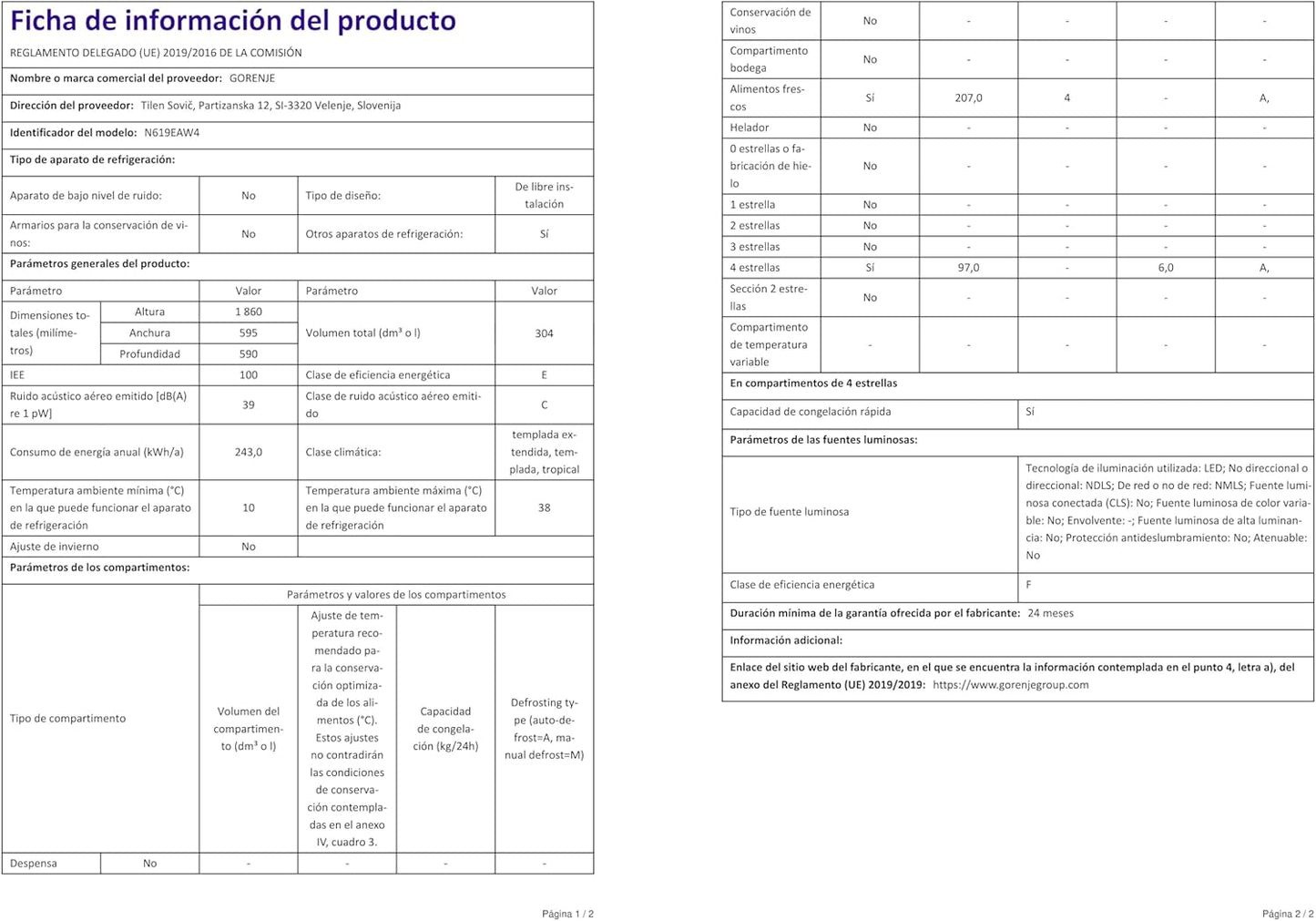 N619EAW4 Réfrigérateur-Congélateur Autoportante 304 L E Blanc