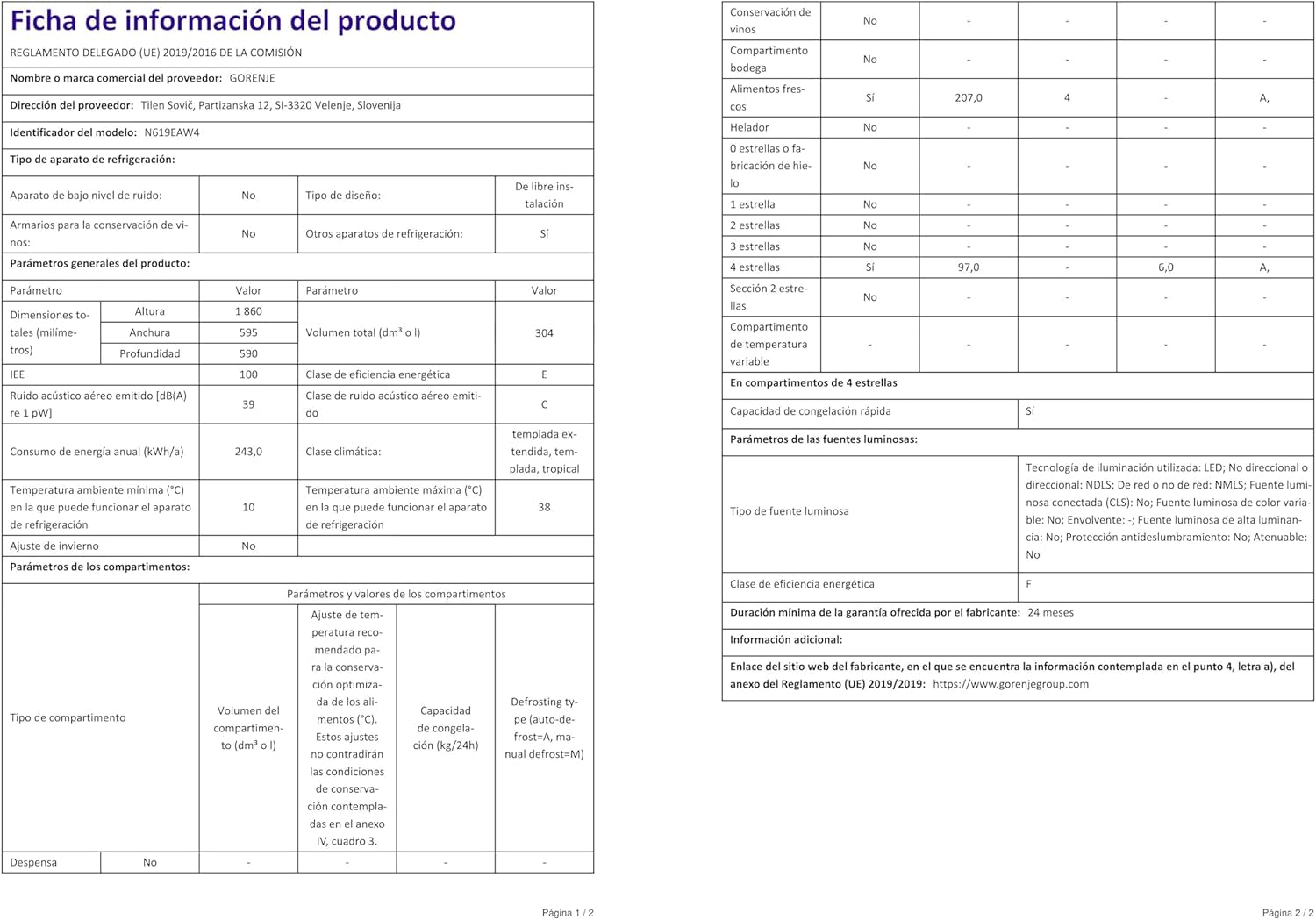 N619EAW4 Réfrigérateur-Congélateur Autoportante 304 L E Blanc