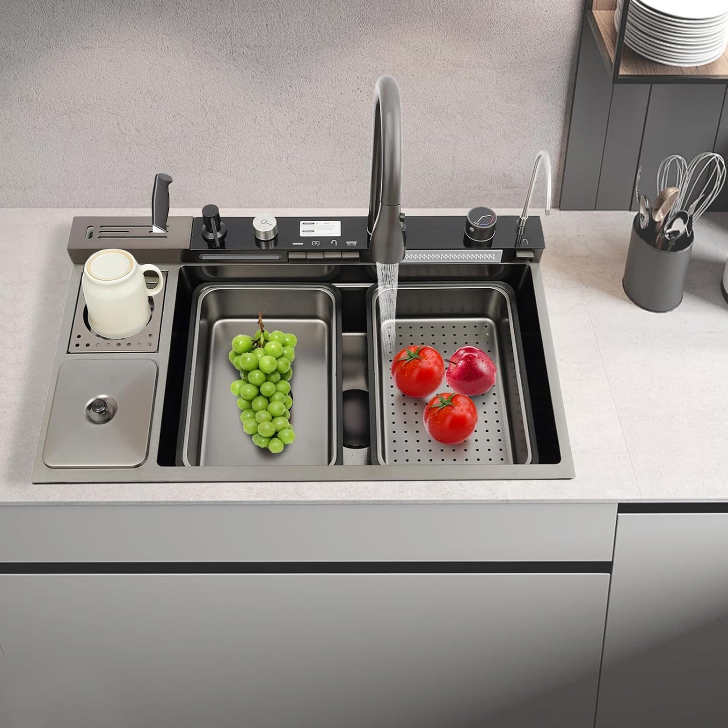 Évier De Cuisine En Acier Inoxydable, Cascade, 82 X 48 X 23 Cm, Touches De Piano, Purgé En Verre, Poubelle, Multifonction, Robinet, Planche À Découper, Panier D’Écoulement