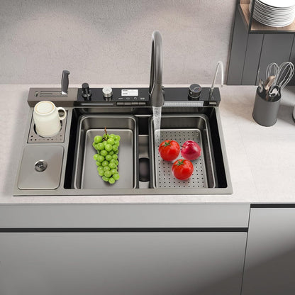 Évier De Cuisine En Acier Inoxydable, Cascade, 82 X 48 X 23 Cm, Touches De Piano, Purgé En Verre, Poubelle, Multifonction, Robinet, Planche À Découper, Panier D’Écoulement