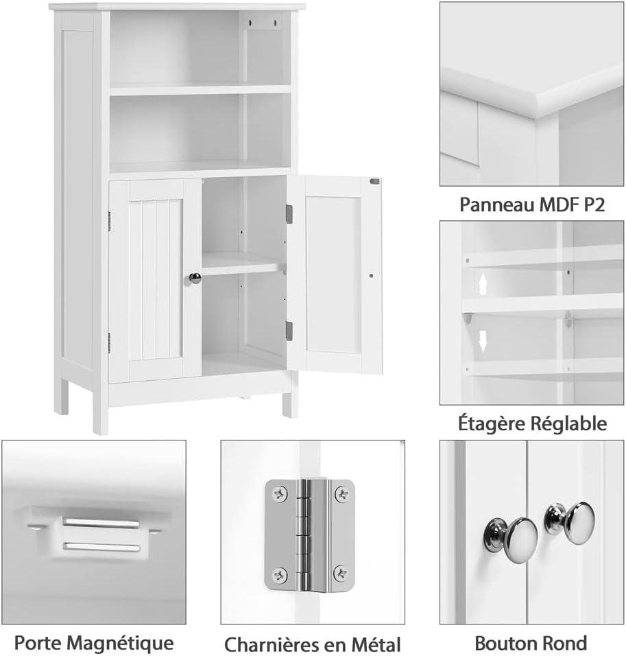 Meuble De Salle De Bain, Meuble De Rangement, 2 Étagères, Armoire Planche Réglable En Hauteur, Salon, Cuisine, Couloir, Profond 50 X 30 X 92,5 Cm Blanc