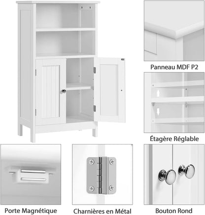 Meuble De Salle De Bain, Meuble De Rangement, 2 Étagères, Armoire Planche Réglable En Hauteur, Salon, Cuisine, Couloir, Profond 50 X 30 X 92,5 Cm Blanc