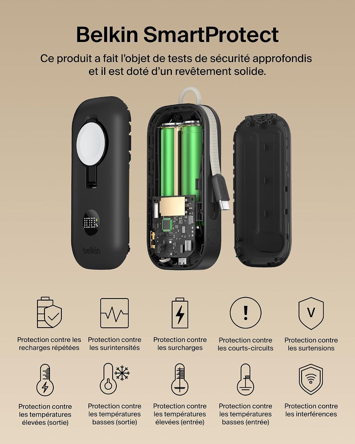 Belkin Boostcharge Pro Batterie Externe 10000Mah Avec Module De Recharge Apple Watch, Chargeur Portable, Câble USB-C À Gaine Tressée Intégré, Écran Numérique, 45W, Recharge De 3 Appareils, Noir