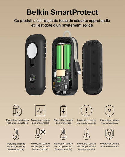 Belkin Boostcharge Pro Batterie Externe 10000Mah Avec Module De Recharge Apple Watch, Chargeur Portable, Câble USB-C À Gaine Tressée Intégré, Écran Numérique, 45W, Recharge De 3 Appareils, Noir
