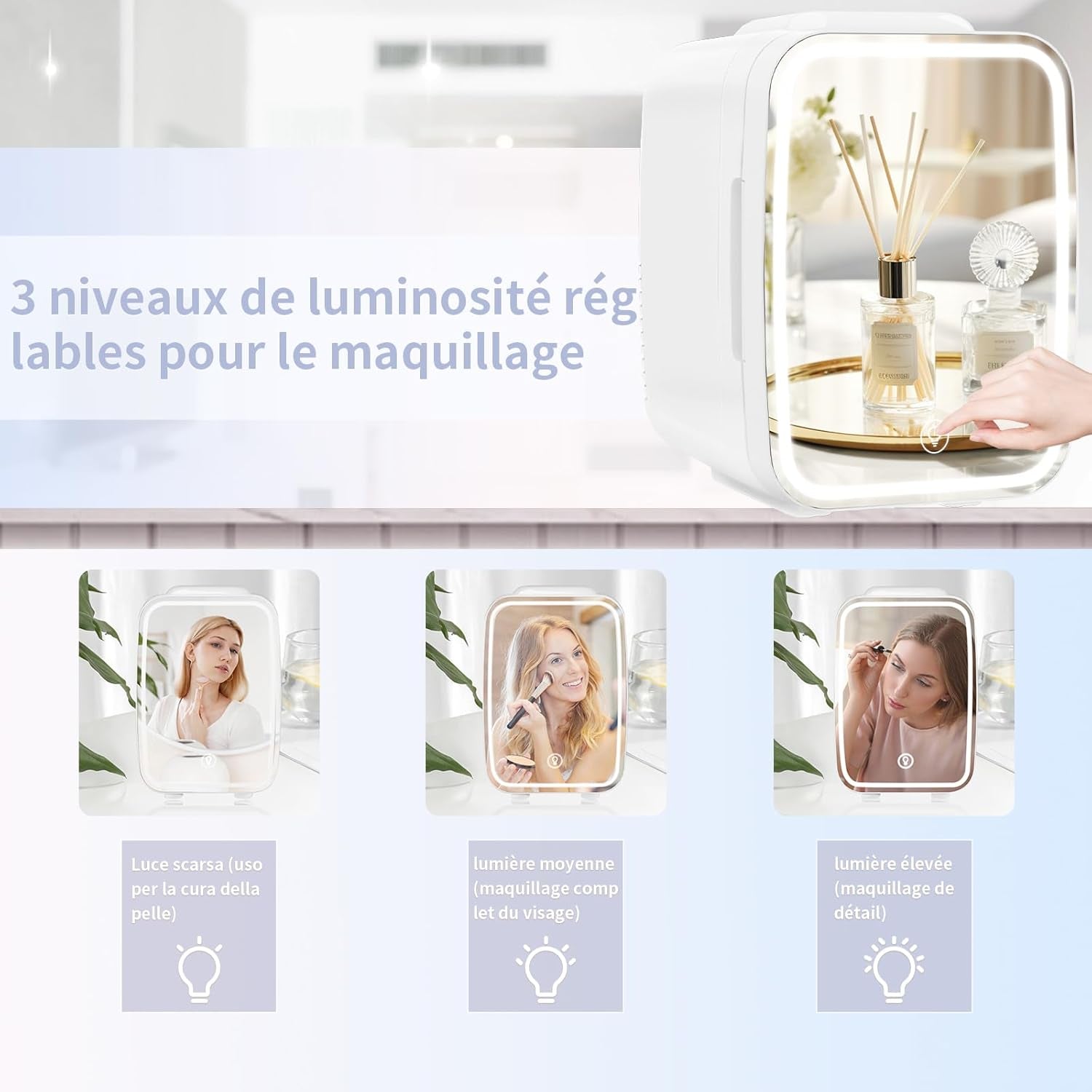 Mini Frigo Pour Chambre, Frigo Skincare Avec Miroir LED, Petit Frigo De 4L Portable, Thermoelectrique Chauffe & Refroidisseur 220V AC / 12V DC Pour Voiture, Bureau, Dortoir (Blanc)