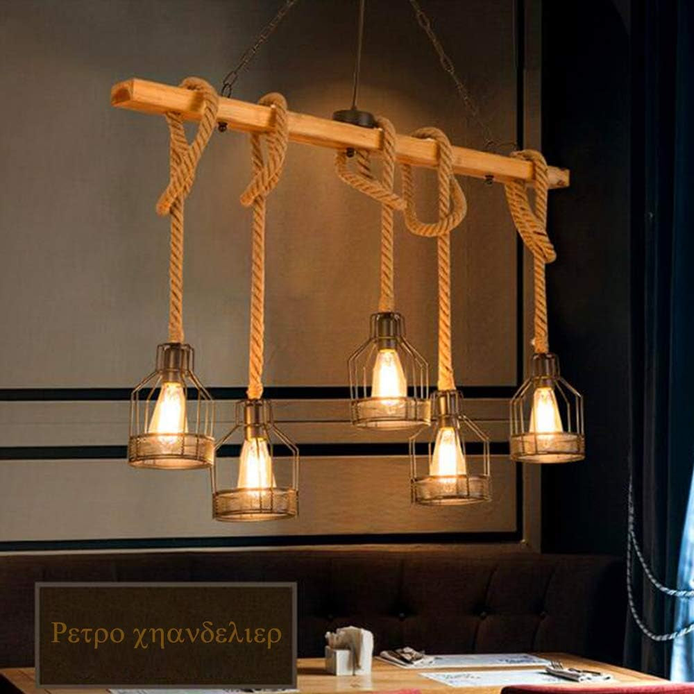 Suspension Rétro Lampe Suspendue Bois Antique E27 Lampe De Salle À Manger Lustre En Corde De Chanvre Chaîne Métallique Industrielle Restaurant Pays Chambre Salon Plafonnier 5 Flammes