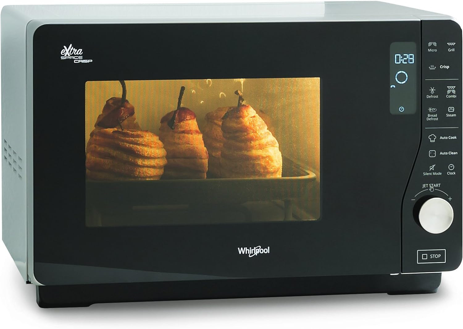 Whirlpool MWF 427 SL Four À Micro-Ondes Extra Space + Grill, 25 Litres, Argent, Avec Steamer, Grille Haute Et Plate Crisp + Poignée, 800 + 1000 W