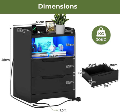 Table De Chevet Lot De 2 Avec Lumières LED Et Multiprise (2 Prises CA, 2 Ports USB) Table De Nuit Lot De 2 Avec 1 Compartiment Ouvert Et 2 Tiroirs Pour Salon, Chambre, Bureau, Moderne, Noir