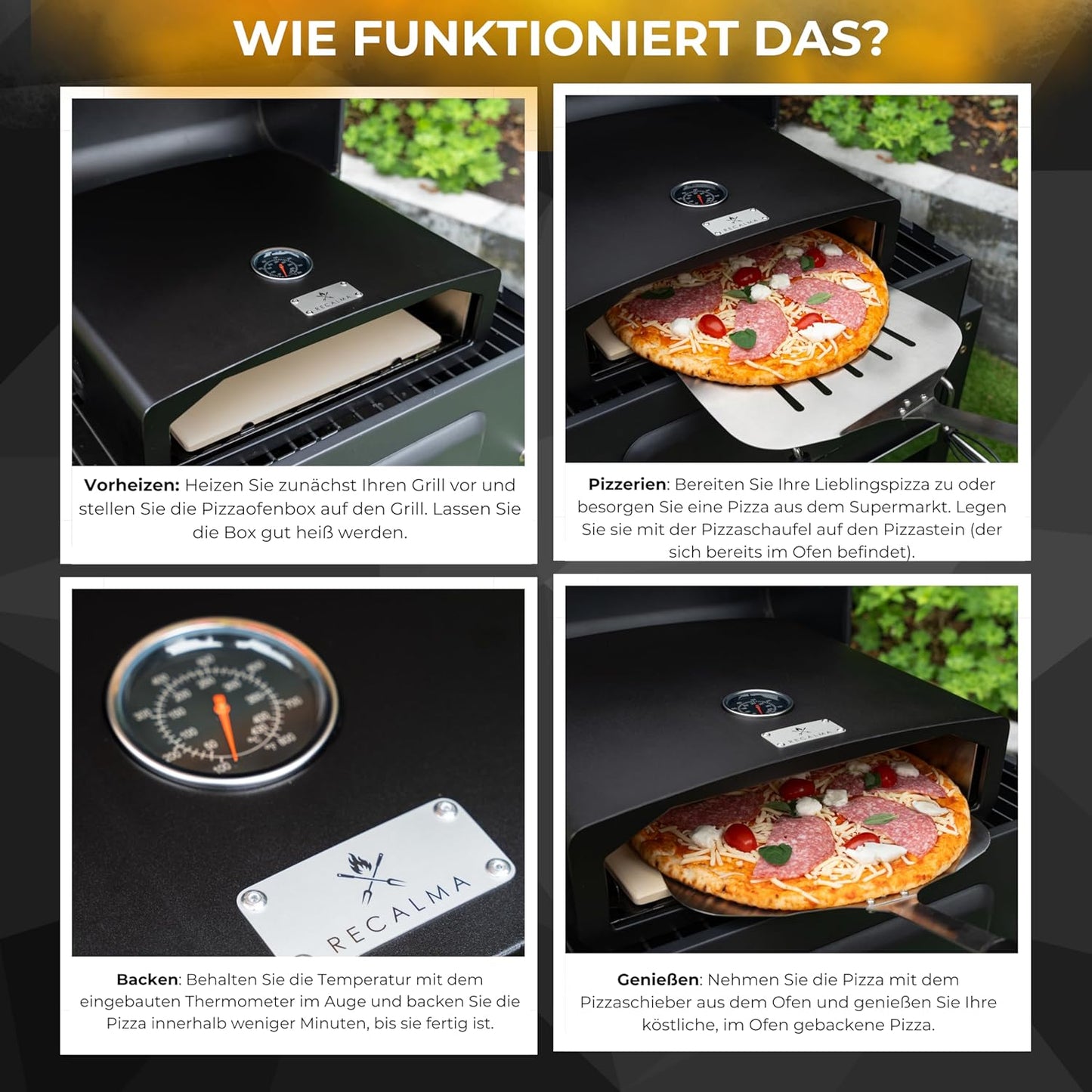 Recalma Four À Pizza En Acier Inoxydable Avec Pierre À Pizza Pour Barbecue, Four À Pizza Avec Pelle À Pizza Et Pierre À Pizza Résistante Au Feu, Barbecue À Gaz Avec Thermomètre Et Pelle À Pizza,