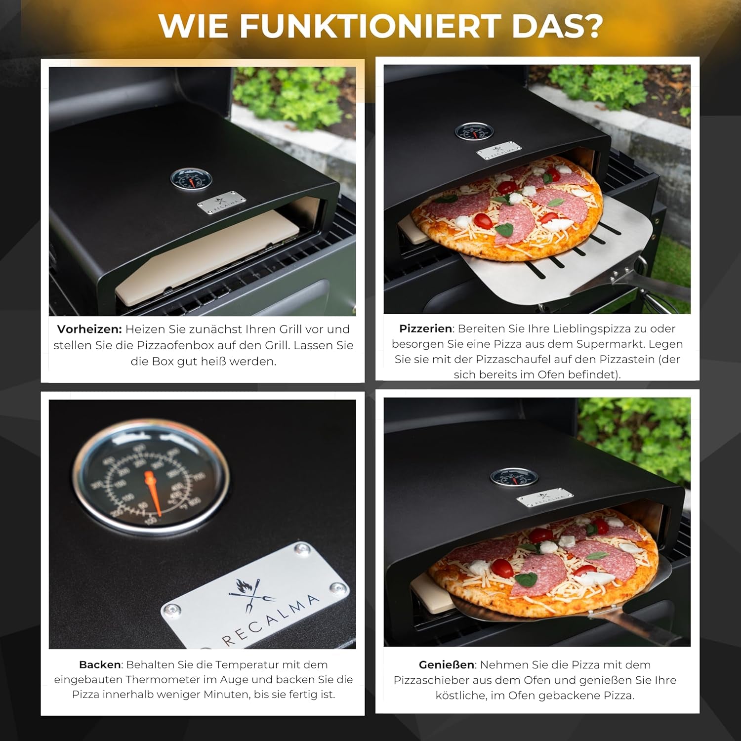 Recalma Four À Pizza En Acier Inoxydable Avec Pierre À Pizza Pour Barbecue, Four À Pizza Avec Pelle À Pizza Et Pierre À Pizza Résistante Au Feu, Barbecue À Gaz Avec Thermomètre Et Pelle À Pizza,