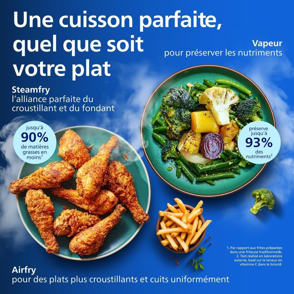 Airfryer 5000 - Air Fryer Panier Flexible 9.5L, Cuisson Vapeur | Megabasket 9.5L Ou 3+6L, Séparateur Amovible, 28 Modes,Technologie Rapidair & Steamfry, Auto Steamclean, Inox (NA565/00)