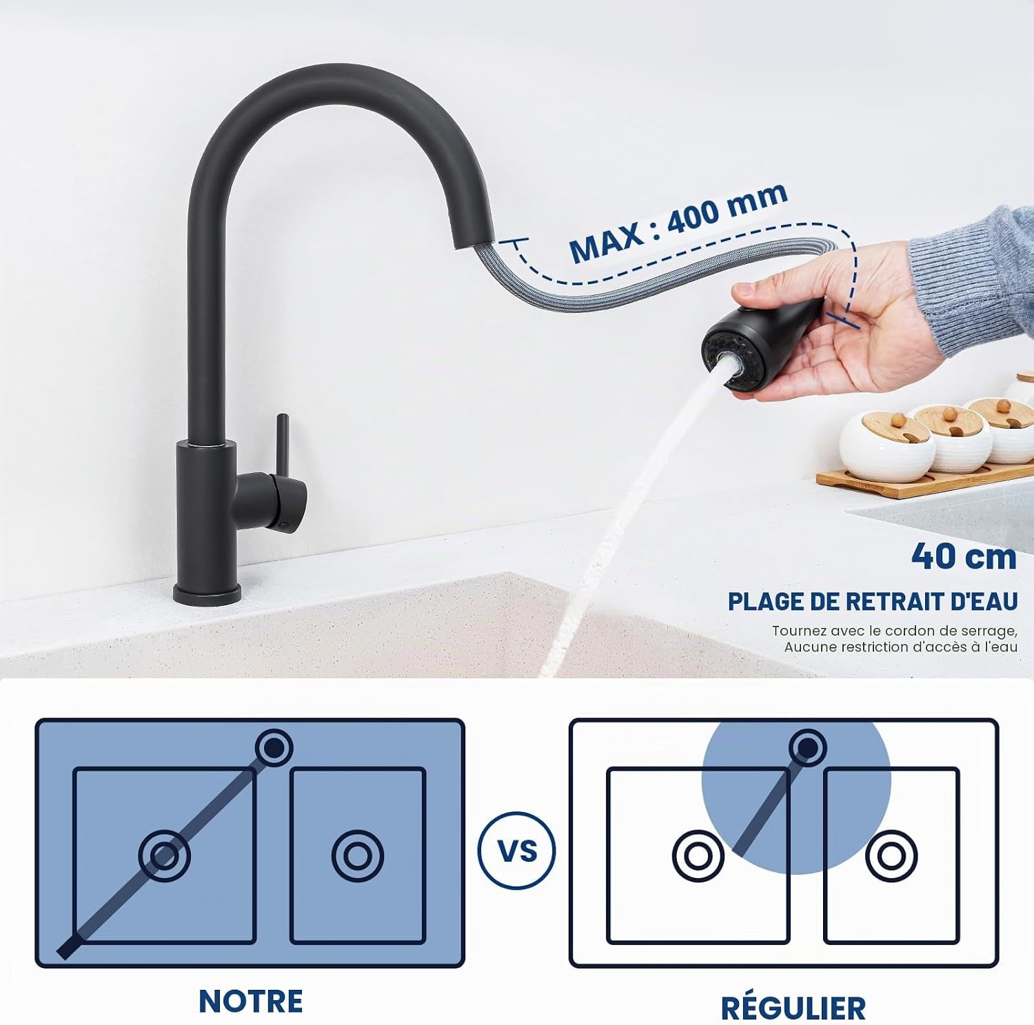 Évier De Cuisine Noir 70 X 45 X 20 Cm Avec Robinet Noir Extensible En Granit Avec Bonde Et Trop-Plein, 1 Bac Encastrable À Partir De 80 Cm De Largeur D'Armoire, Évier De Cuisine Avec Robinet
