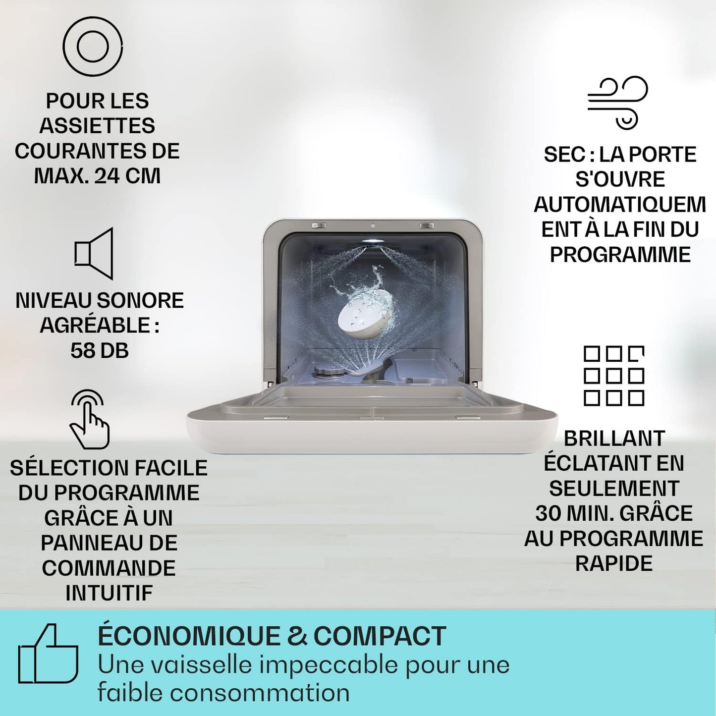 Mini Lave Vaisselle De Table 2 Couvert, Silencieux, 7 Programmes De Lavage, Compact, Portable, Facile À Installer Pour Maison, Bureau