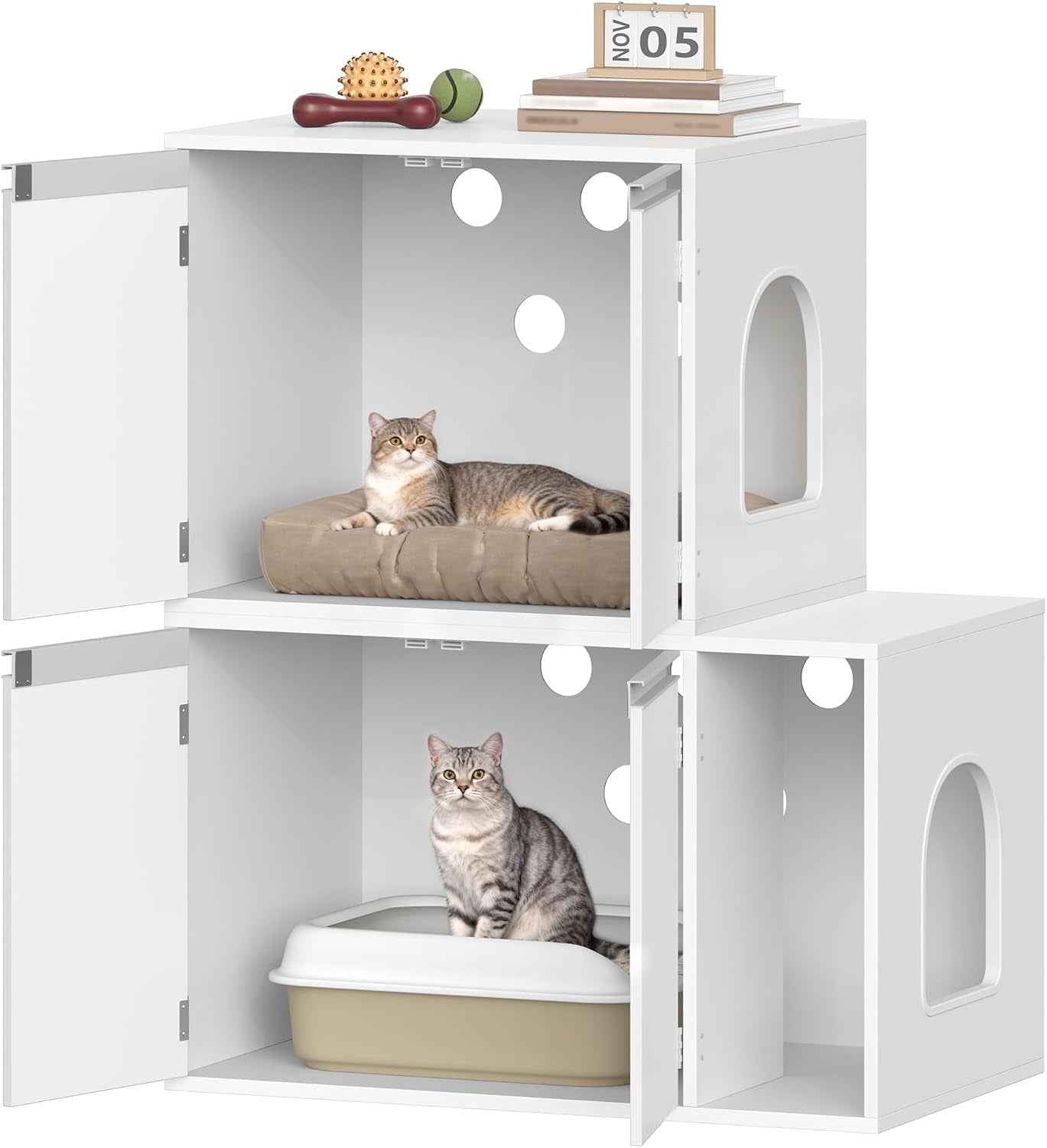 Meuble Litiere Pour 2 Chats, 100Cm Maison De Toilette Chat, Blanc | Maison Cachée Pour Chat Avec Chambres Doubles, 140 X 48 X 48 Cm, Pour Cacher Plupart Des Bacs À Litière Pour Chats, CB65603X