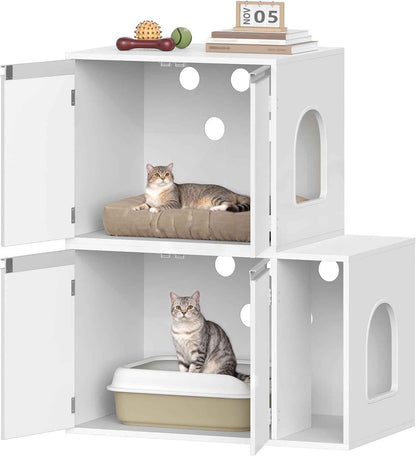 Meuble Litiere Pour 2 Chats, 100Cm Maison De Toilette Chat, Blanc | Maison Cachée Pour Chat Avec Chambres Doubles, 140 X 48 X 48 Cm, Pour Cacher Plupart Des Bacs À Litière Pour Chats, CB65603X