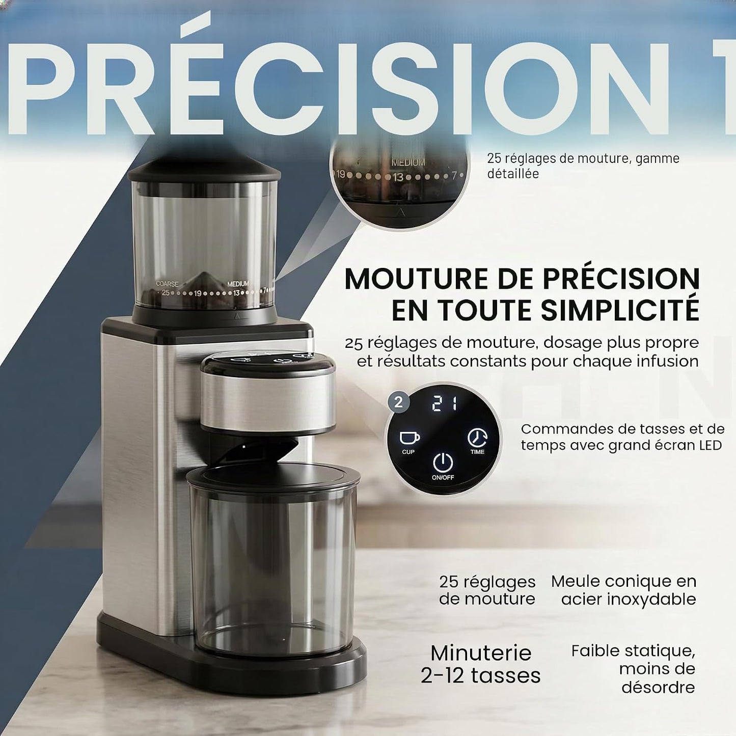 Moulin À Café Électrique Avec Broyeur Conique, 25 Degrés De Broyage, Pour Expresso, Filtre Et Moka, Moulin À Café Silencieux Avec 2 À 12 Tasses, Broyeur En Acier Inoxydable, Affichage LED