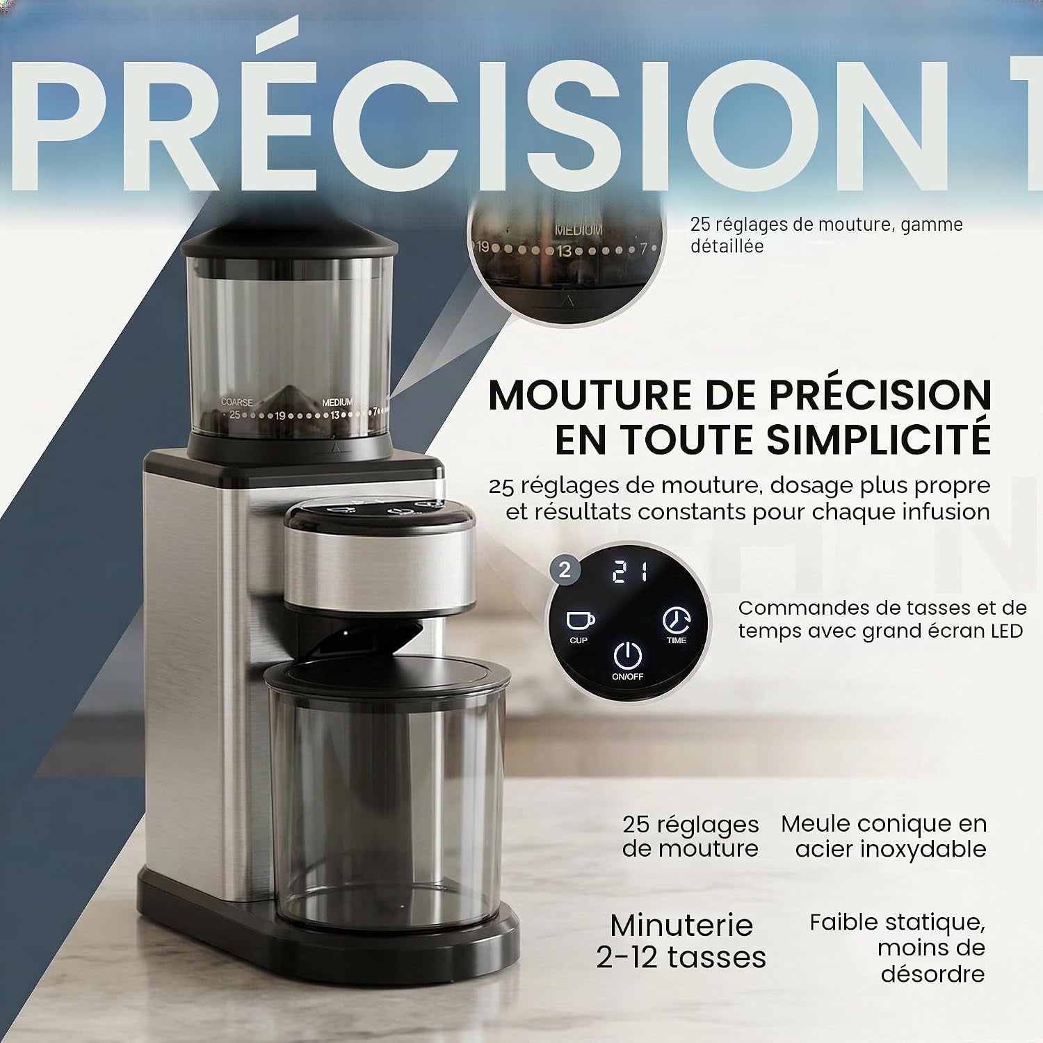 Moulin À Café Électrique Avec Broyeur Conique, 25 Degrés De Broyage, Pour Expresso, Filtre Et Moka, Moulin À Café Silencieux Avec 2 À 12 Tasses, Broyeur En Acier Inoxydable, Affichage LED