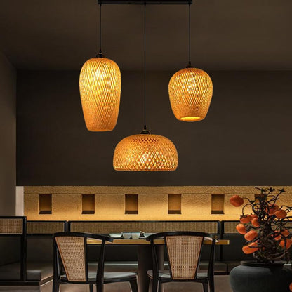 Lustre Industriel 3 Lampes Suspendue Bambou Tissé À La Main Lampe Vintage Pendentif Rotin Lampe À Suspension Abat-Jour En Osier Naturel Luminaire Plafonnier E27 Pour Chambre Salon Cuisine Salle,A