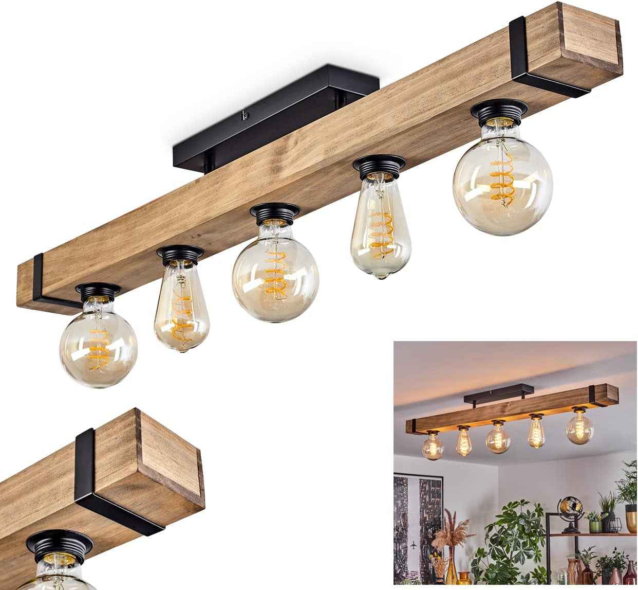 Plafonnier Montgomery, Plafonnier En Métal/Bois Noir/Naturel Avec Poutres En Bois (100 Cm), 5 X E27 Douille, Ampoule(S) Non Incluse(S)