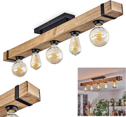 Plafonnier Montgomery, Plafonnier En Métal/Bois Noir/Naturel Avec Poutres En Bois (100 Cm), 5 X E27 Douille, Ampoule(S) Non Incluse(S)