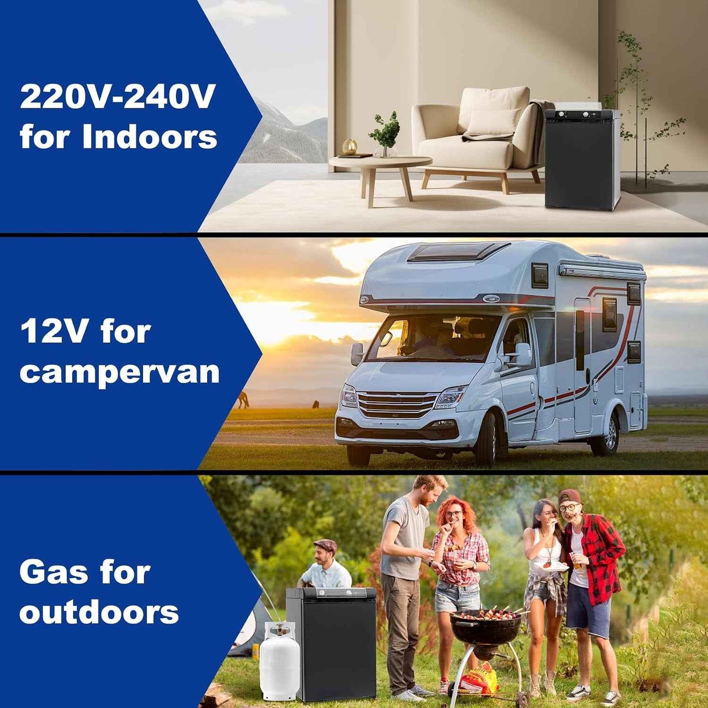 Frigo Trimixte 60L, 12V/220V/Gaz, Frigo Camping Gaz, Mini Frigo Silencieux Pour Camping-Car, Caravane, Camion Et Fourgon, Réfrigérateur Portable Noir