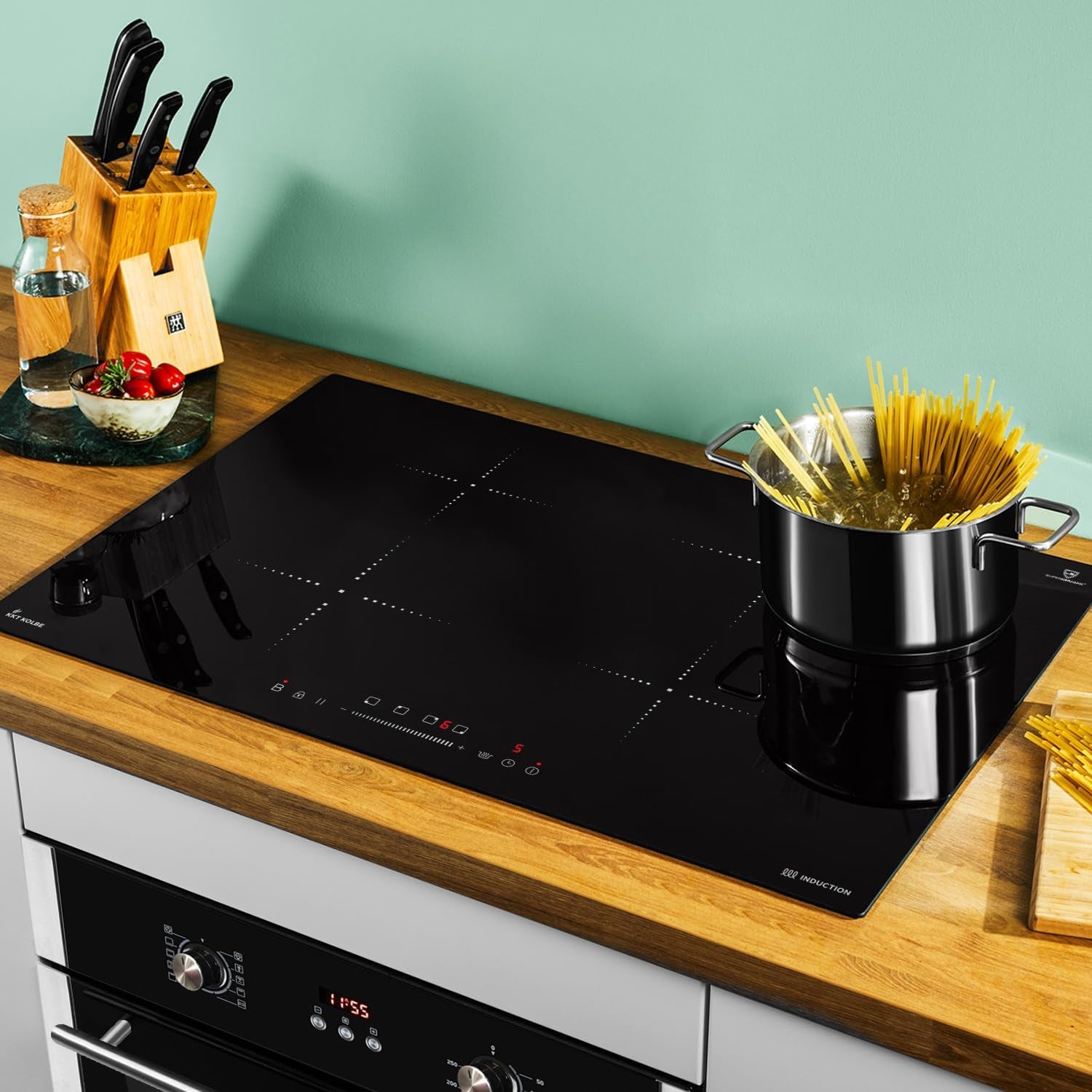 Cuisinière: 60Cm Four Encastrable BO8805SS + 77Cm Plaque Induction IH87704RL | Gril | Air Chaud | Timer Automatique | Double Vitrage D'Isolation Thermique | Sécurité Enfant | SET8805IH877RL