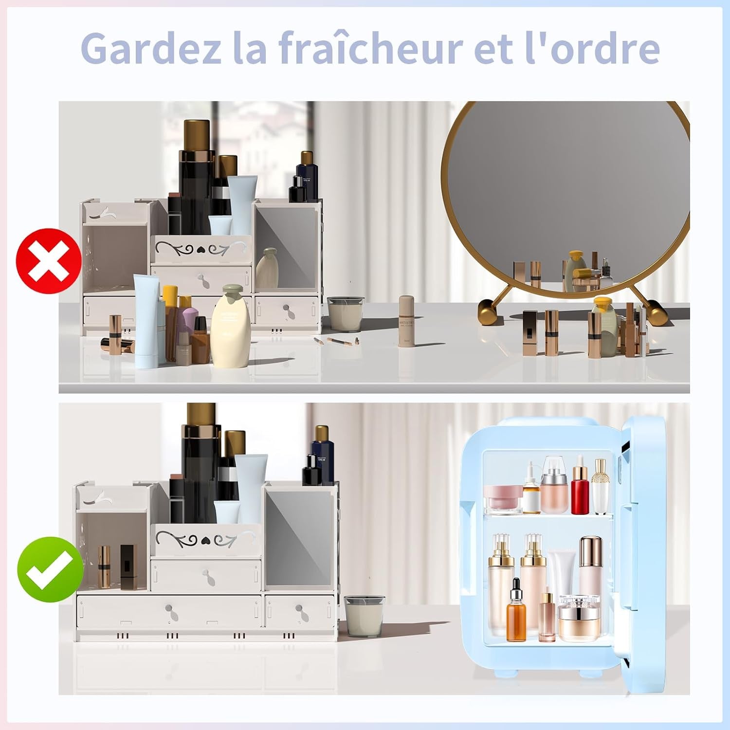 Mini Frigo Pour Chambre, Frigo Skincare Avec Miroir LED, Petit Frigo De 4L Portable, Thermoelectrique Chauffe & Refroidisseur 220V AC / 12V DC Pour Voiture, Bureau, Dortoir (Bleu)