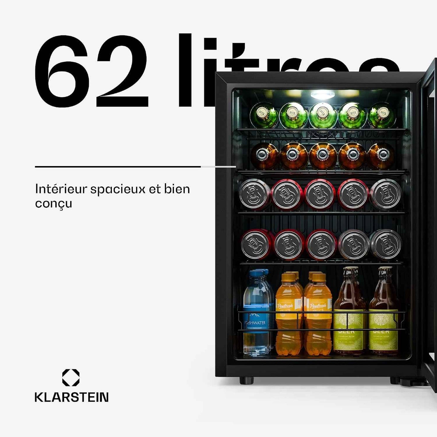Bevora 62 L Réfrigérateur À Boissons – Réfrigérateur À Boissons Avec Porte Vitrée, Commandes Tactiles, Éclairage LED, Température Réglable De 1 À 12 °C, 2 Clayettes