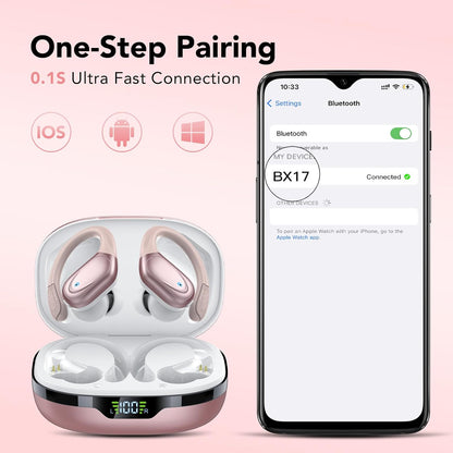 Ecouteurs Bluetooth Sans Fil, Casque Bluetooth 5.3, 60 Heures Avec Affichage LED, Appel ENC HD, Basses Profondes, Ajustement Confortable, IPX7 Étanche Casque Sport(Or Rose).