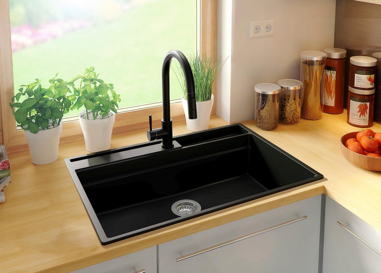 Evier Cuisine En Granit Noir - Oslo, 78X53Cm | Lavabo 1 Bac + Kit D'Accessoires, Évier À Encastrer Au Meuble 80Cm (S335)