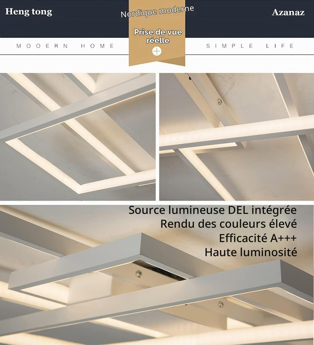 Lustre Moderne, Plafonnier LED Salon Rectangulaire, Lampe Plafonnier LED Dimmable En Métal Acrylique, Plafonnier Salon Design Avec Telecommande,Blanc,90 * 50CM/80W
