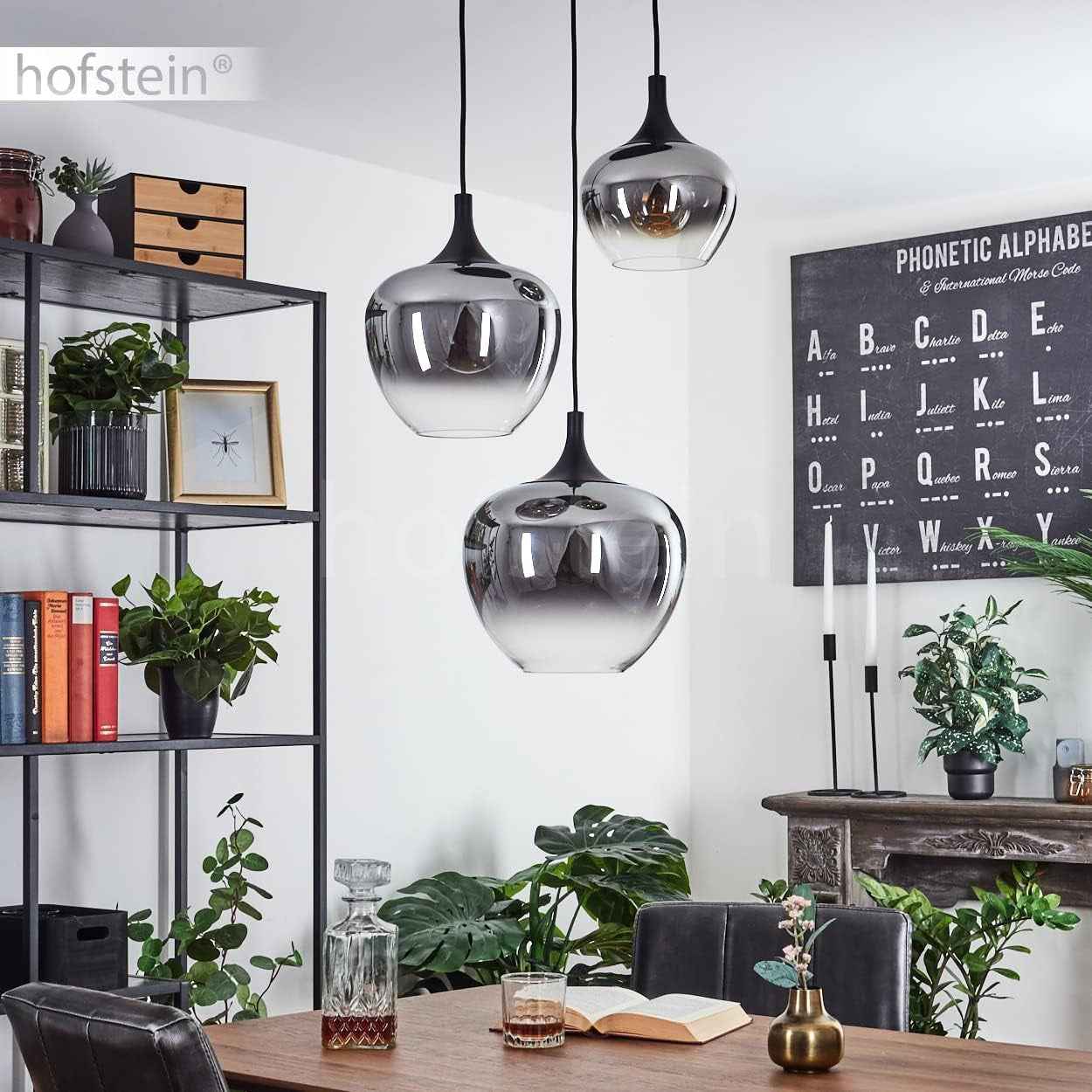 Azurara Lampe Suspendue En Métal/Verre Noir/Fumé/Transparent Design Moderne 3 Flammes Hauteur Max. 120 Cm 3 Ampoules E27