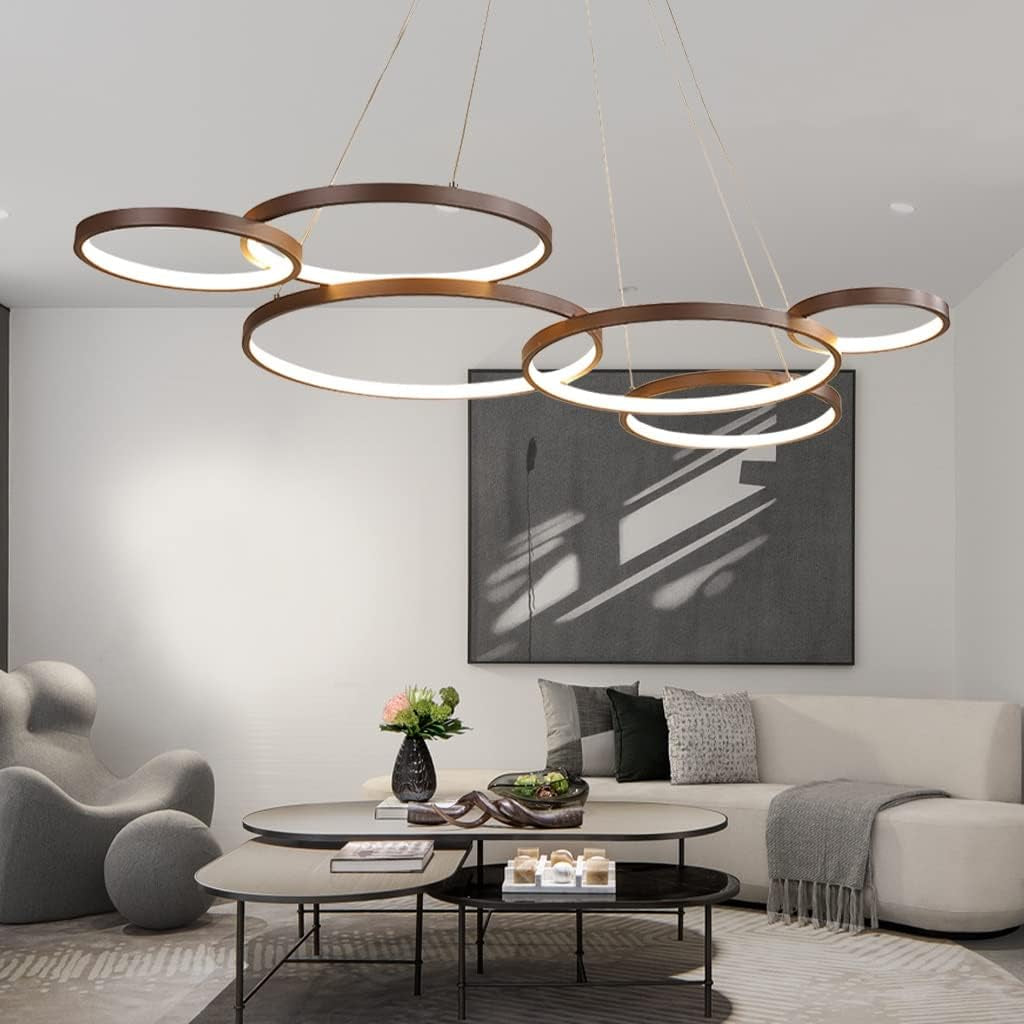 Luminaire Suspendu LED Grand Lustre De Table D'Intérieur Hauteur Réglable Suspension Lampe De Salon Dimmable Avec Télécommande Lampes À Anneaux Modernes En Aluminium Plafonnier De Café Restaurant