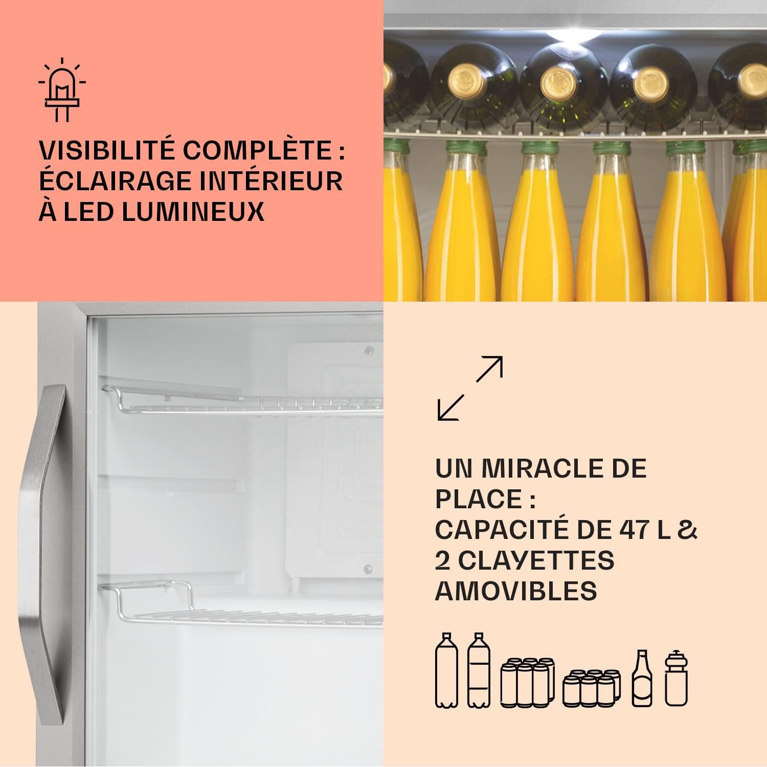 Mini Frigo De Chambre Et Bureau Pour Boisson, Petit Frigo Silencieux, Refrigerateur Mini Bar 47L, Petit Réfrigérateur Camping, Étagères Réglables, Ondulés Pour Le Vin, Cannette, Beer Fridge