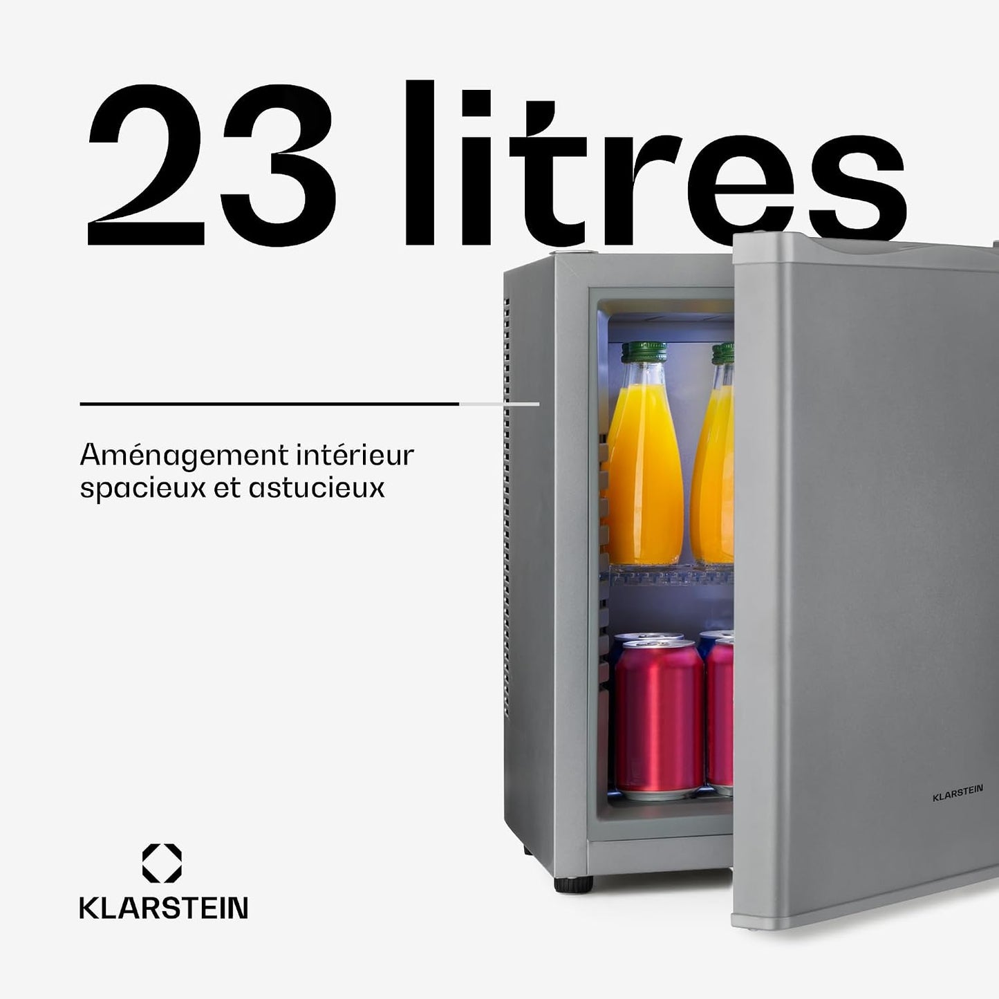 KLARSTEIN Mini Frigo De Chambre De 23L Pour Snacks Et Boissons, Petit Frigo Top Silencieux, Mini Bar, Petit Réfrigérateur Camping, Cosmetique, Refrigerateur Avec Étagères Réglables, 5-15°C