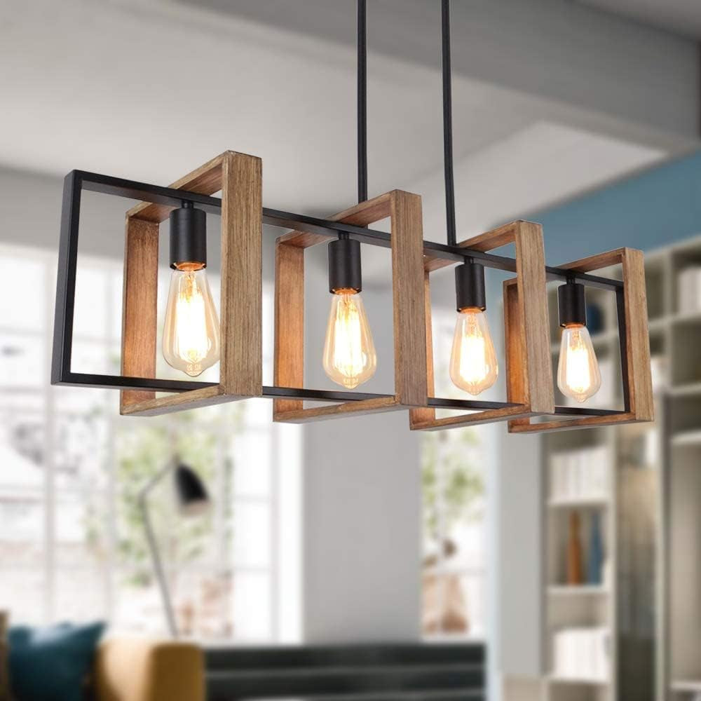 Éclairage D'Îlot De Cuisine, Lustre Moderne Noir Pour Salle À Manger Et Ferme, Lampes De Table De Billard, Finition Bois Et Métal Noir Mat (4 Têtes, Bois)