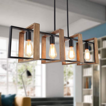 Éclairage D'Îlot De Cuisine, Lustre Moderne Noir Pour Salle À Manger Et Ferme, Lampes De Table De Billard, Finition Bois Et Métal Noir Mat (4 Têtes, Bois)