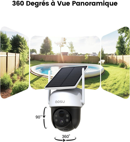 2K D1 Caméra Exterieure Sans Fil Solaire, 360°PTZ Suivi Automatique | 3MP Caméra Surveillance Wifi Exterieure Sans Fil Vision Nuit Couleur, Audio Bidirectionnel Idéal Pour Porche & Jardin, IP65