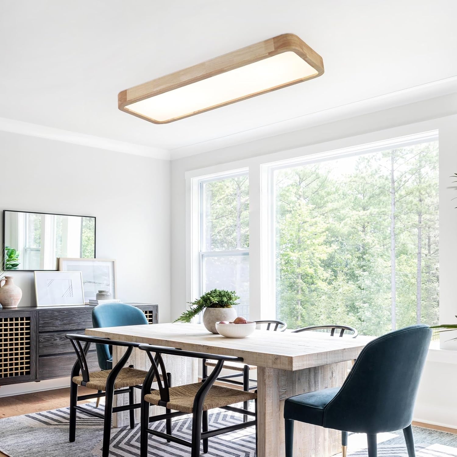 Bois Plafonnier Led,Chambre Luminaires Intérieur 80 * 30Cm Carré Cuisine Lampe 36W Contrôle Dimmable Grand Luminaire Plafonnier Pour Salon Atelier