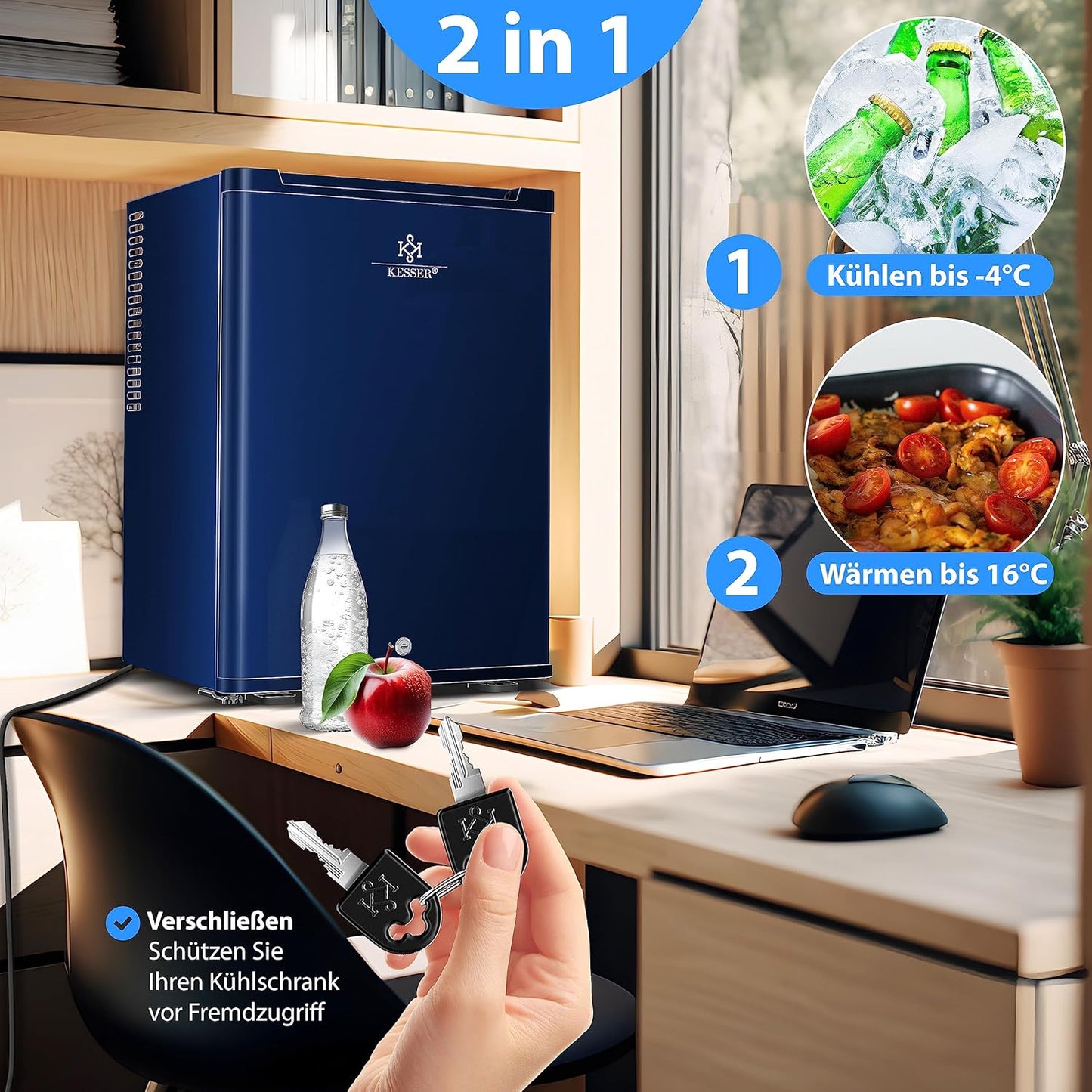 KESSER® Mini Réfrigérateur Avec Serrure, Mini Bar De 40 L, Silencieux, 22 DB, Verrouillable, Chambre À Coucher, Butée De Porte Amovible, Env. 4 À 16 °C, Hauteur 57 Cm, Éclairage Intérieur