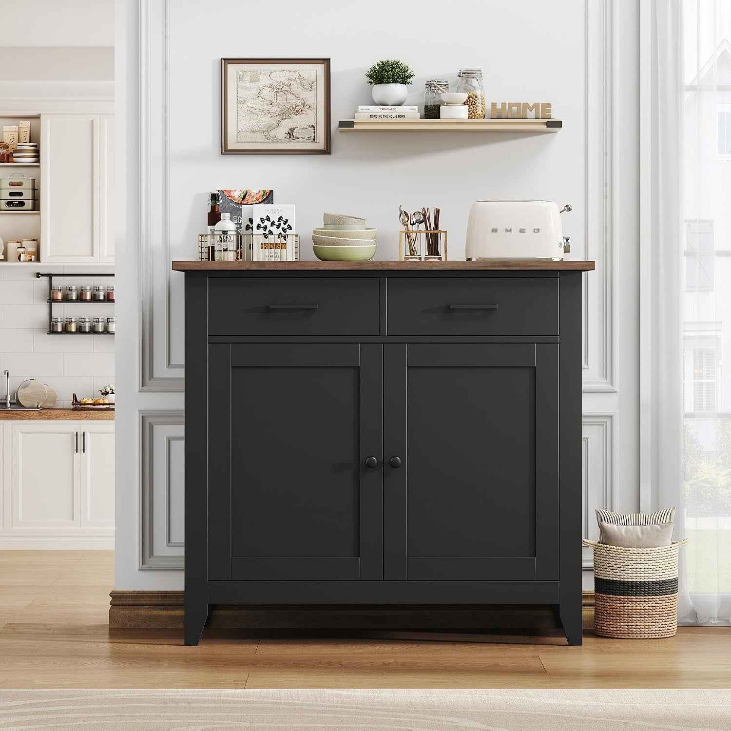 Meuble De Rangement, Buffet Cuisine, Placard De Salle À Manger | Buffet Avec 2 Portes Et 2 Tiroirs Salon 40P X 91L X 82H Cm, Blanc/Noir/ Vert/ Bleu