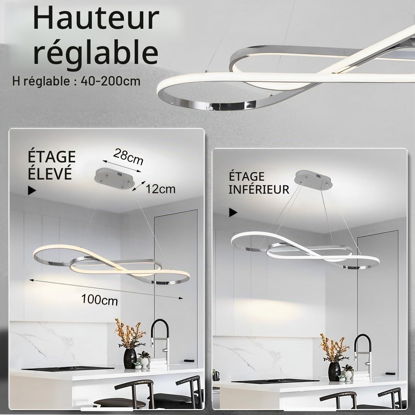 Suspension LED Table À Manger Lampe Suspendue À Intensité Variable Avec Télécommande À Suspension Design Linéaire Lampe Lustre Réglable En Hauteur Lampe De Cuisine (L100Cm/57W) Chrome